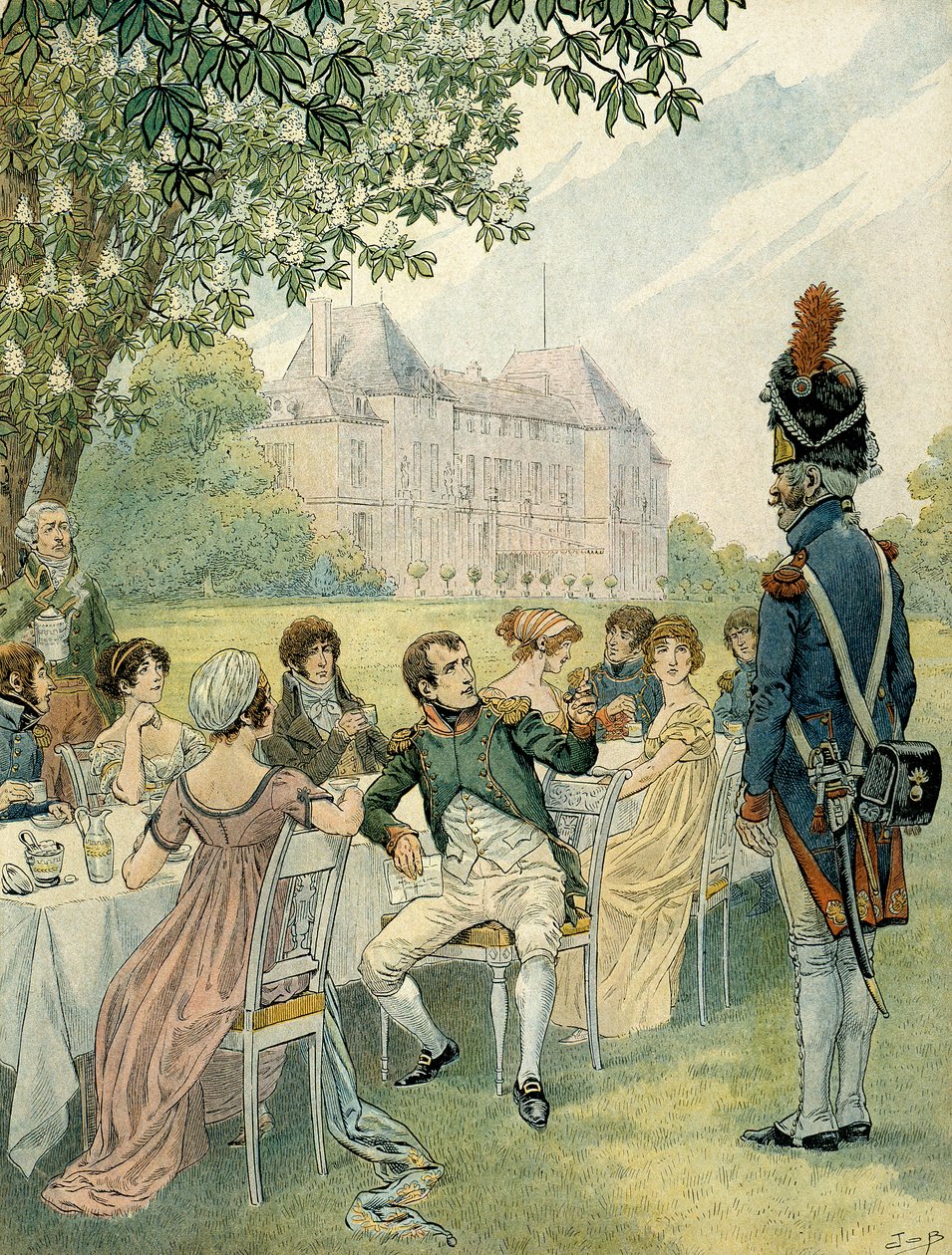 Napoleon I. Bonaparte (1769-1821) během oběda v zahradách zámku Malmaison. Ilustrace Jacques Marie Gaston Onfray de Breville dit JOB (1858-1931). Soukromá sbírka od pseudonym for Onfray de Breville Jacques Job
