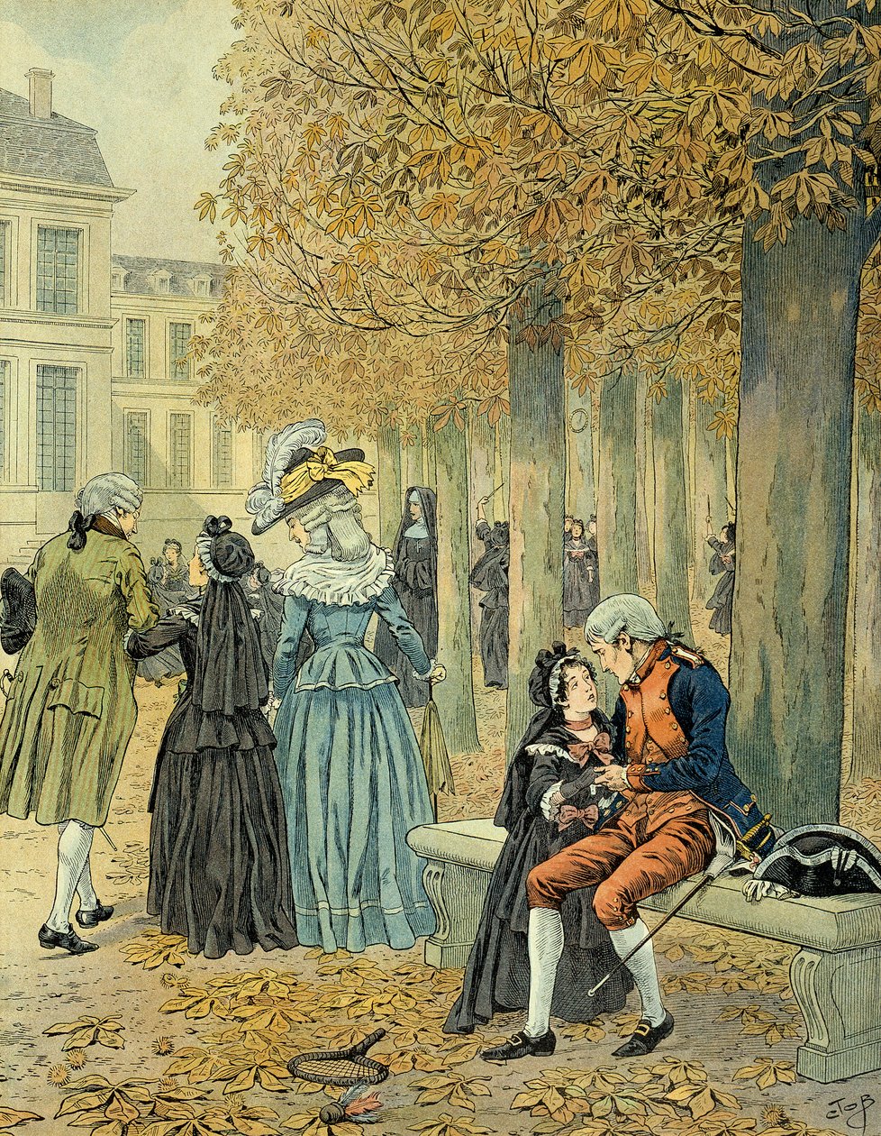 Napoleon I. Bonaparte (1769-1821) navštívil svou sestru Elisu Bonaparte (1777-1820) v královském domě Saint Cyr (Saint-Cyr). Ilustrace Jacques Marie Gaston Onfray de Breville dit JOB (1858-1931) od pseudonym for Onfray de Breville Jacques Job