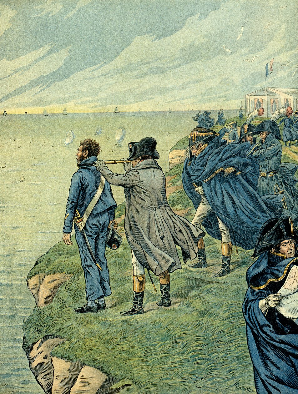 Napoleon I. Bonaparte (1769-1821) navštívil arzenál tábora Boulogne v červenci 1804. Ilustrace Jacques Marie Gaston Onfray de Breville dit JOB (1858-1931). Soukromá sbírka od pseudonym for Onfray de Breville Jacques Job