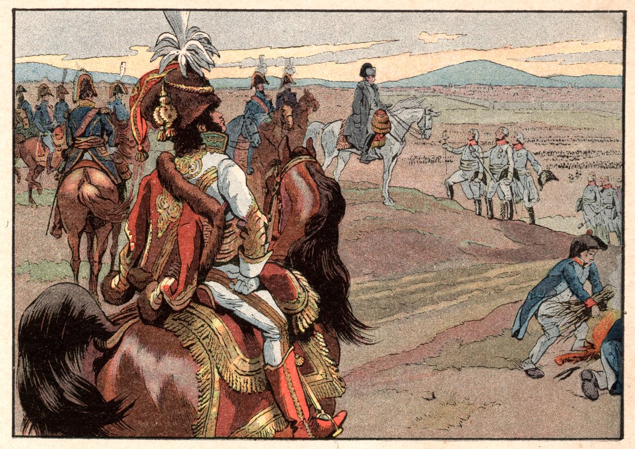 Napoleon I. Bonaparte (1769-1821) s Joachimem Muratem (1767-1815) během kapitulace Ulmu v roce 1805. Rytina Jacques Marie Gaston Onfray de Breville dit Job (1858-1931) od pseudonym for Onfray de Breville Jacques Job