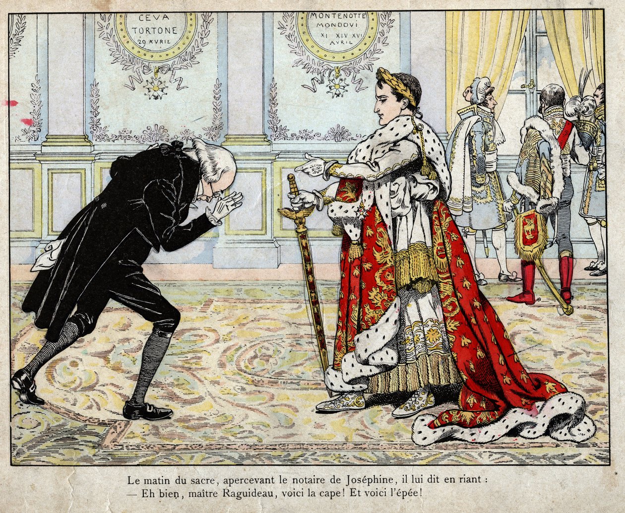 Napoleon a notář Raguideau, ráno korunovace 1804 - litografie Job (Jacques Onfroy de Breville) z „“Le Grand Napoleon des Petites Enfants“““ 1893 od pseudonym for Onfray de Breville Jacques Job