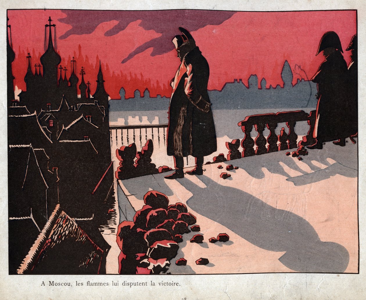 Napoleon kontempluje požár Moskvy - Sleduje, jak Moskva hoří (15.-16. září 1812) - - litografie Joba (Jacques Onfroy de Breville) z „“Le Grand Napoleon des Petites Enfants“““ 1893 od pseudonym for Onfray de Breville Jacques Job