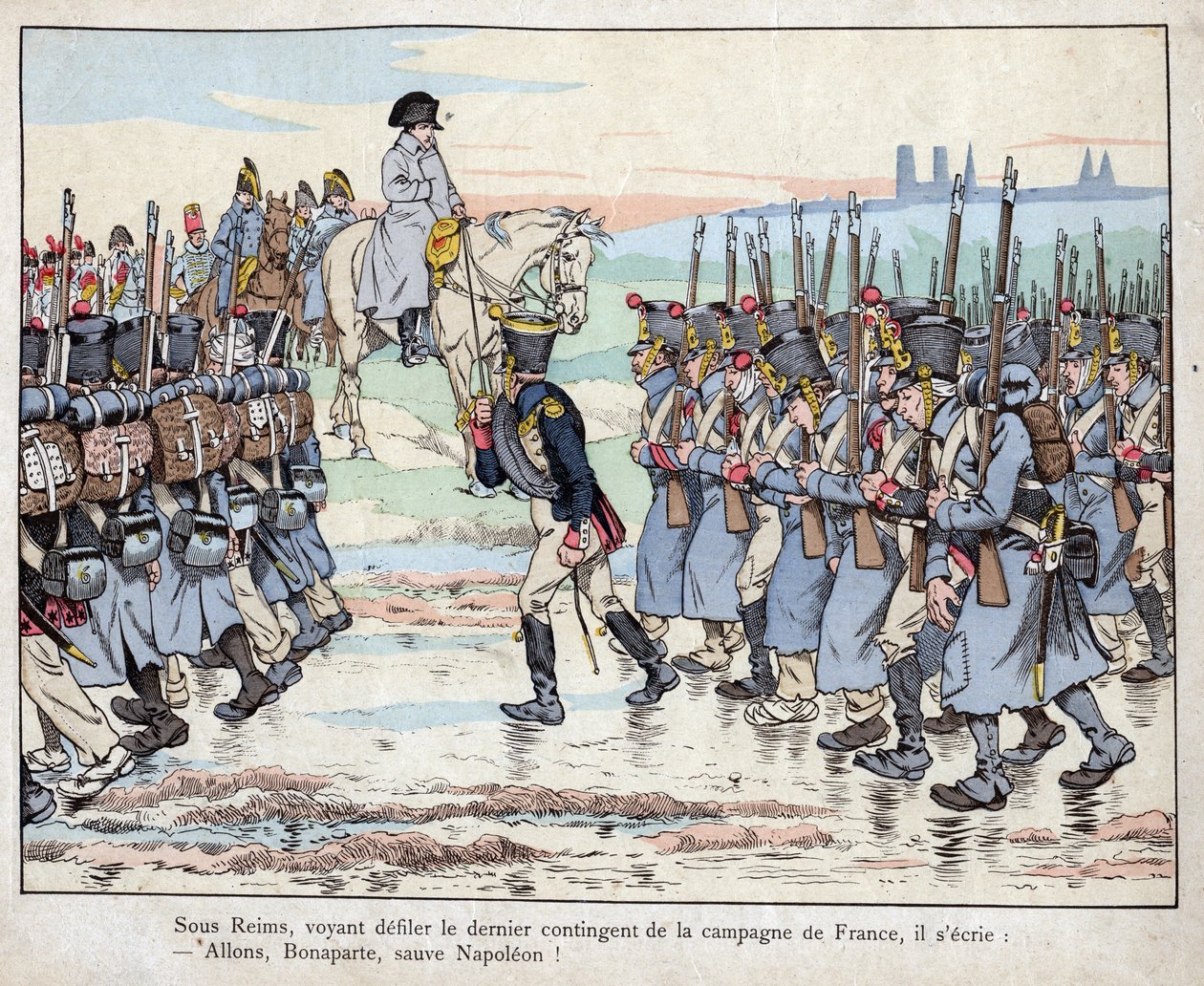 Napoleon se dívá na poslední kontingent armády na francouzském venkově u Remeše, 16. března od pseudonym for Onfray de Breville Jacques Job