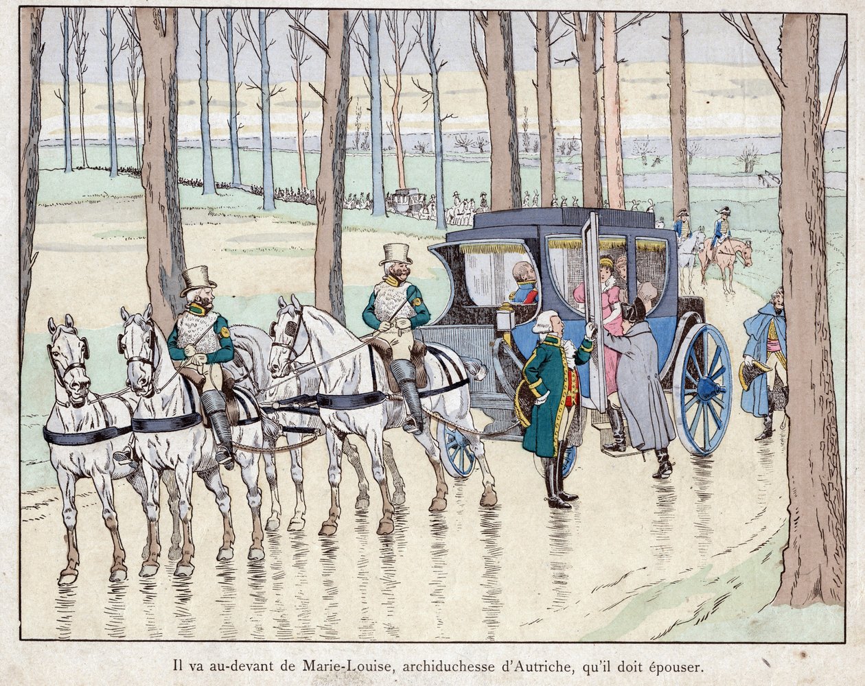 Napoleon setkání s arcivévodkyní Marií-Louise Rakouska - 1810 - litografie Job (Jacques Onfroy de Breville) z „“Le Grand Napoleon des Petites Enfants“““ 1893 od pseudonym for Onfray de Breville Jacques Job