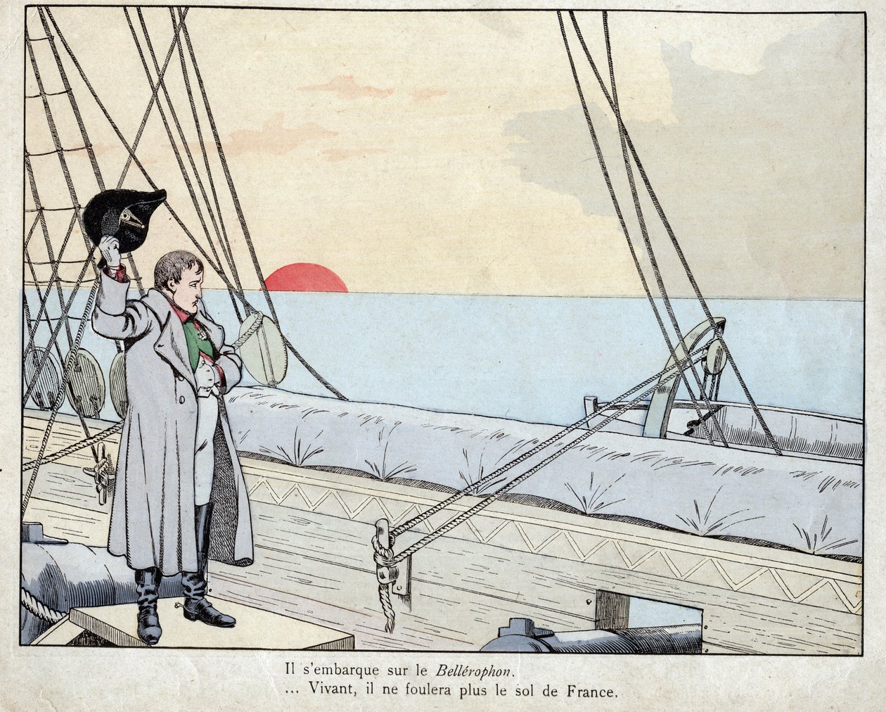 Napoleon na palubě HMS Bellerophon 1815 - litografie Job (Jacques Onfroy de Breville) z „“Le Grand Napoleon des Petites Enfants“““ 1893 od pseudonym for Onfray de Breville Jacques Job