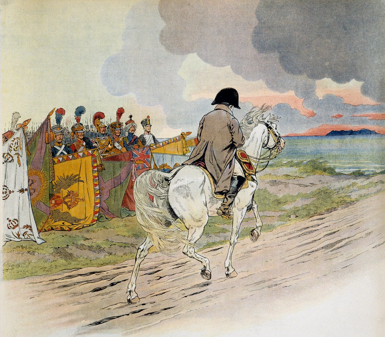 Napoleon projíždějící před svými jednotkami na koni, když odjížděl do exilu na ostrově Elba. Ilustrace Jacques Marie Gaston Onfray de Breville dit JOB (1858-1931). Soukromá sbírka od pseudonym for Onfray de Breville Jacques Job