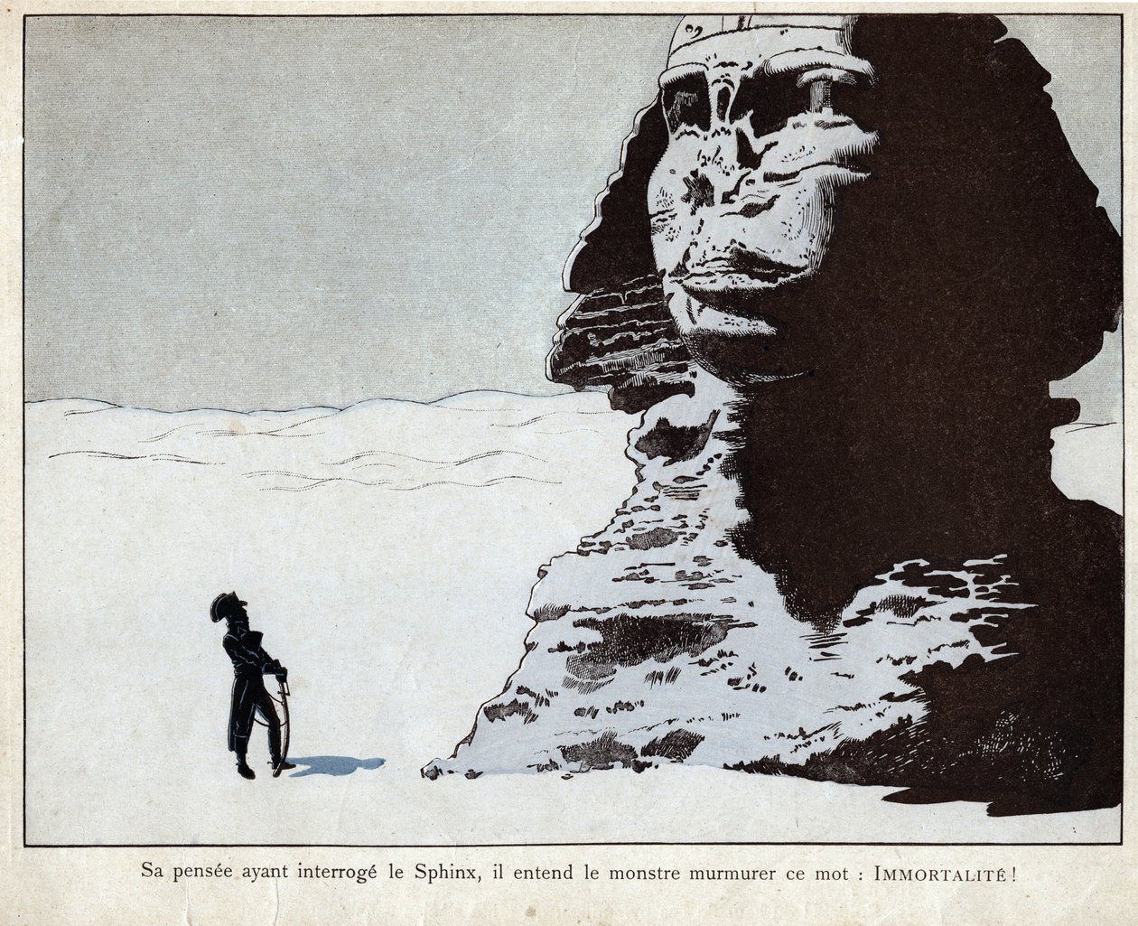 Napoleon studující Sfingu v Egyptě - litografie Joba (Jacques Onfroy de Breville) z „“Le Grand Napoleon des Petites Enfants“““ 1893 od pseudonym for Onfray de Breville Jacques Job