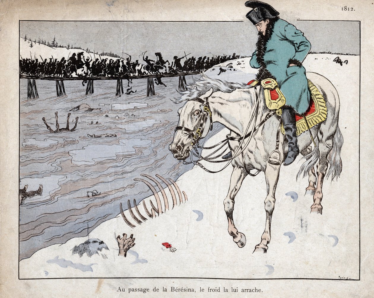 Napoleon sleduje ostatky své Grand Armee překračující řeku Berezinu na ústupu z Moskvy od pseudonym for Onfray de Breville Jacques Job