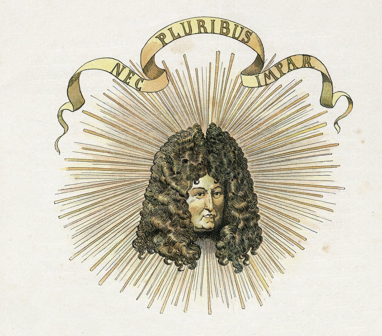 Portrét krále Ludvíka XIV. (1638-1715) s jeho heslem v latině „Nec pluribus impar““ (Žádné jiné podobné). ve „“ Francii, jeho příběh vyprávěl G. Montorgueil, imagee by Job““ 1896. Soukromá sbírka. od pseudonym for Onfray de Breville Jacques Job