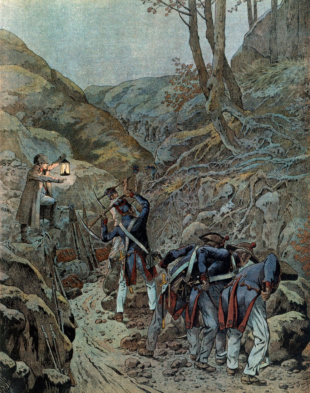 Pruské tažení (1806): Vojáci pracovali na rozšíření průchodu pro děla na úpatí hory Iena v předvečer bitvy (která vzbudila 14. od pseudonym for Onfray de Breville Jacques Job