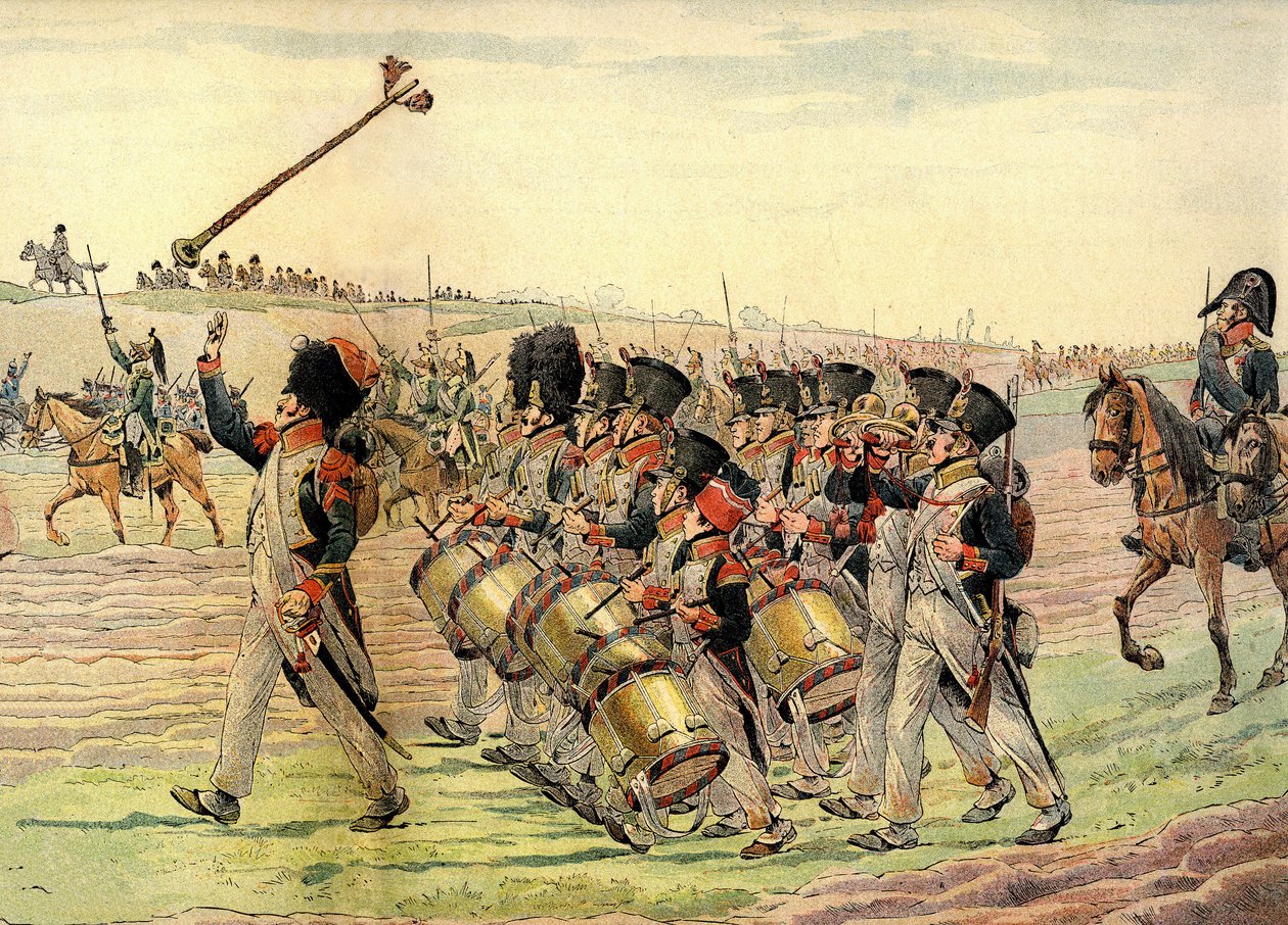 Pluk napoleonské armády pochodující do bitvy za zvuků hudby, kolem roku 1900 (tisk) od pseudonym for Onfray de Breville Jacques Job