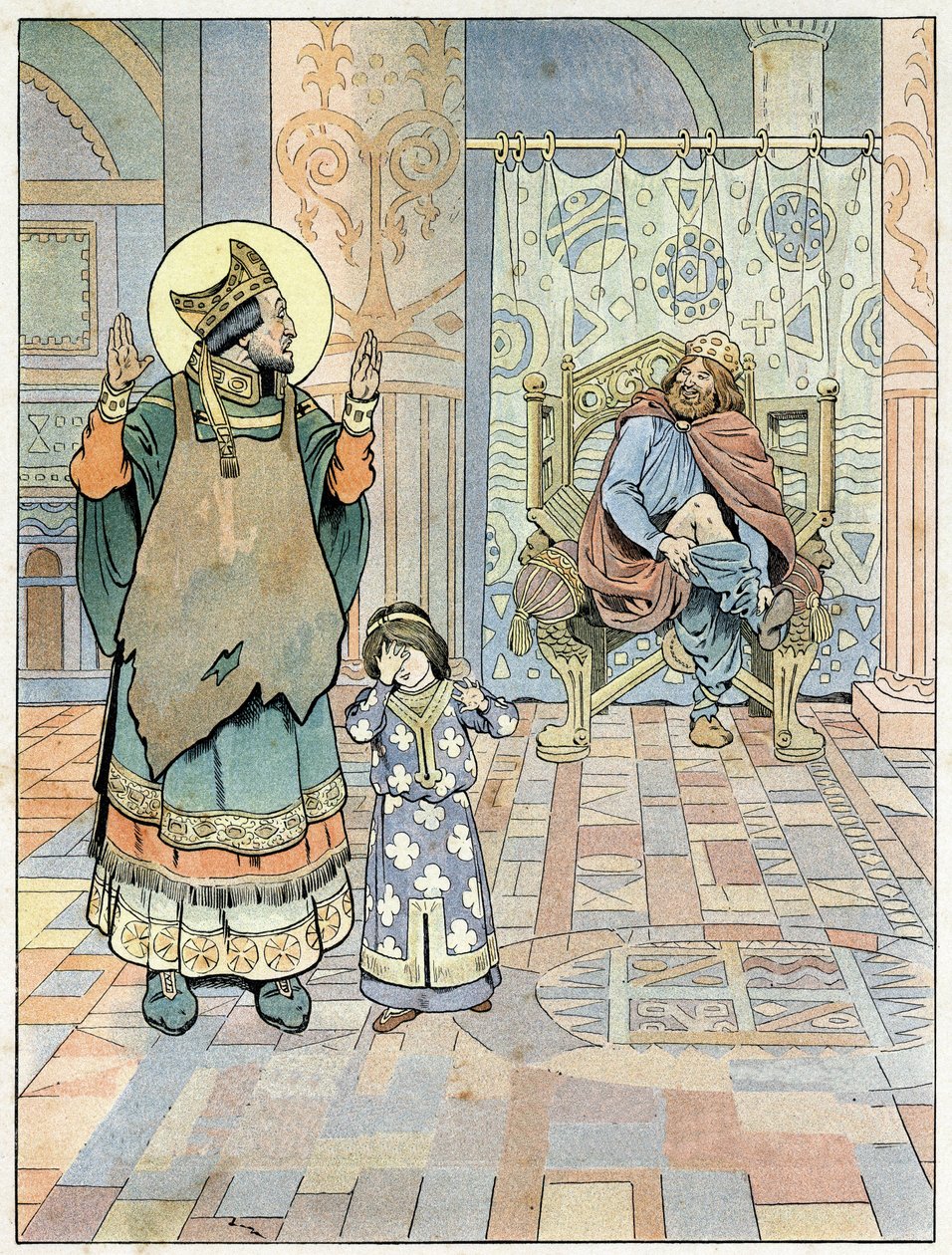 Saint Eloi (v. 588-659) poukazuje na francouzského krále Dagoberta I. (602 nebo 605-638 nebo 639), že jeho kalhoty byly obráceny (spodky naruby). ve „Francii, jeho příběh vyprávěl G. Montorgueil, imagee by Job““ 1896. Soukromá sbírka. od pseudonym for Onfray de Breville Jacques Job