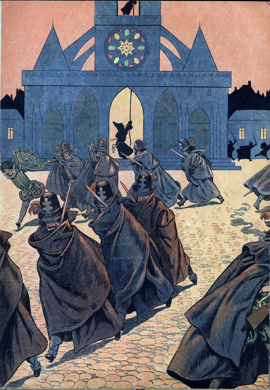 Scéna dějin Francie v hračkách: La Saint Barthelemy (Saint-Barthelemy). Mnich zazvoní na tocsin v kostele Saint Germain l