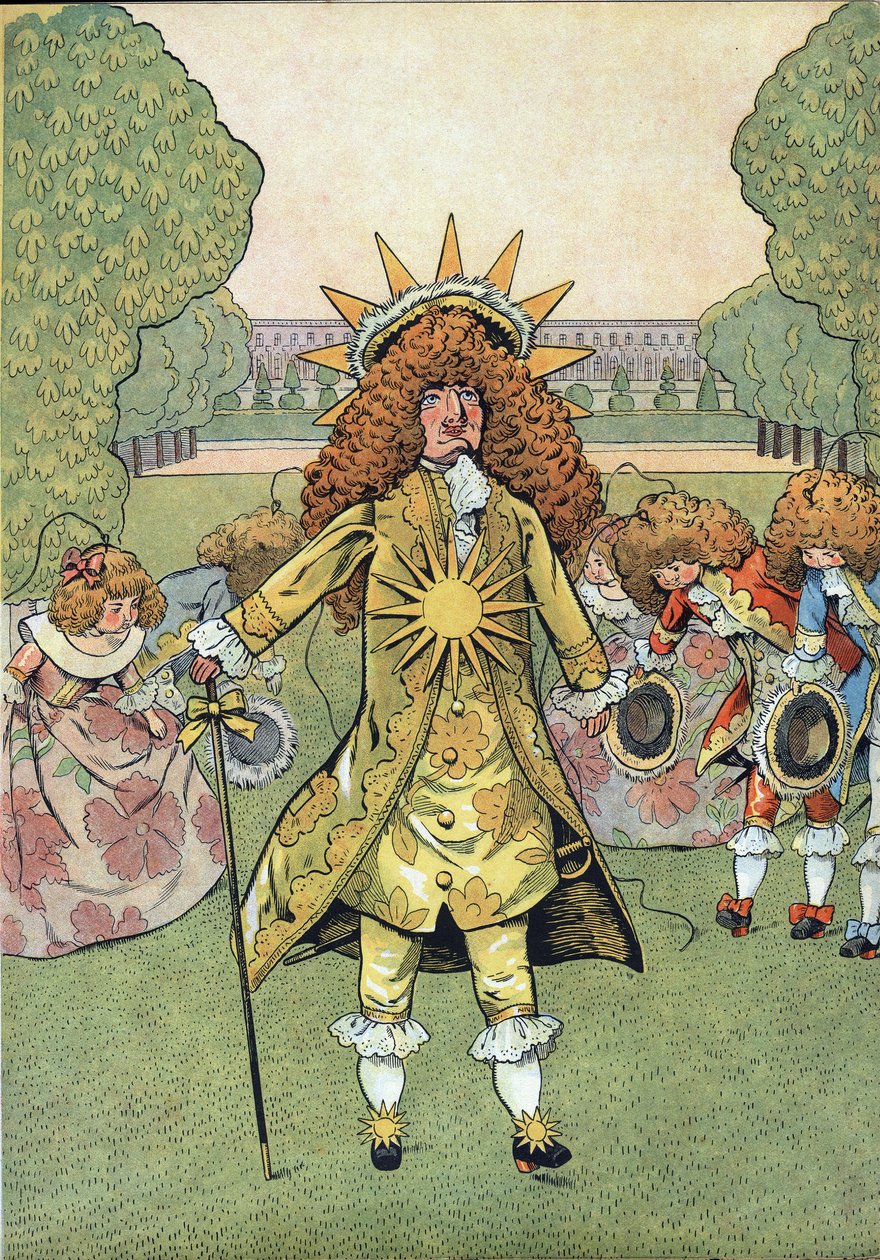 Scéna z dějin Francie v hračkách: Portrét francouzského krále Ludvík XIV. (1638-1715) řekl král Slunce ve Versailleských zahradách se svým dvorem, který vzbudil úctu. V „“ Joujoux a l