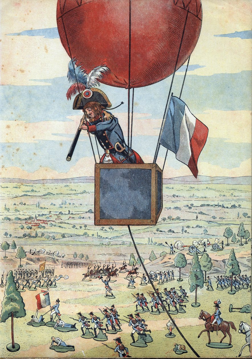 Scéna z dějin Francie v hračkách: Bitva u Fleurus 26. června 1794 a první použití pozorovacího balónu kapitánem Jeanem Marie Josephem (Jean-Marie-Joseph) Coutellem (1748-1835) s dlouhým výhledem - V “ ” Pojďme si zahrát historii: Francie zinscenovala vtip od pseudonym for Onfray de Breville Jacques Job