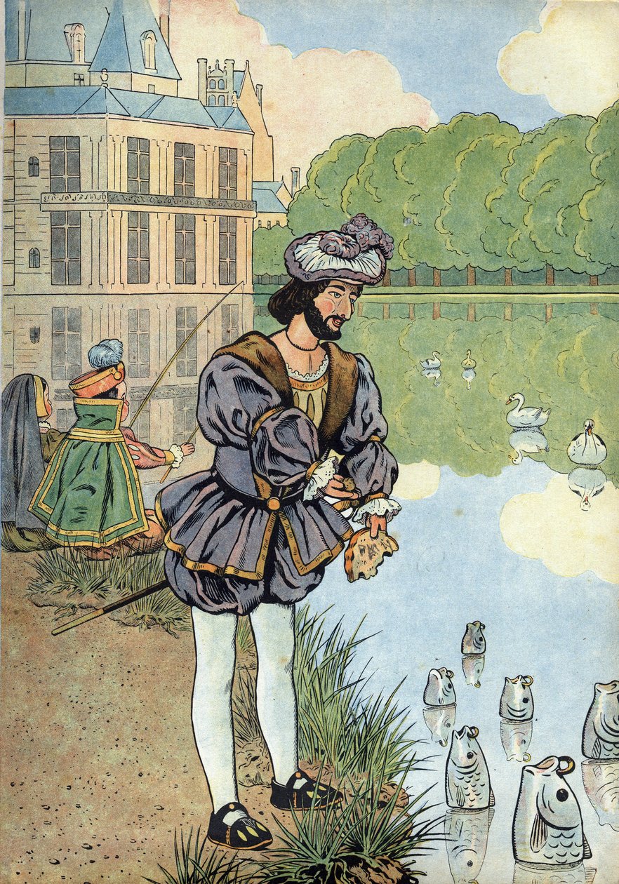 Scéna z dějin Francie v hračkách: Francouzský král Francois I. (1494-1547) dává chléb rybám z parku Fontainebleau. V “” Joujoux a l