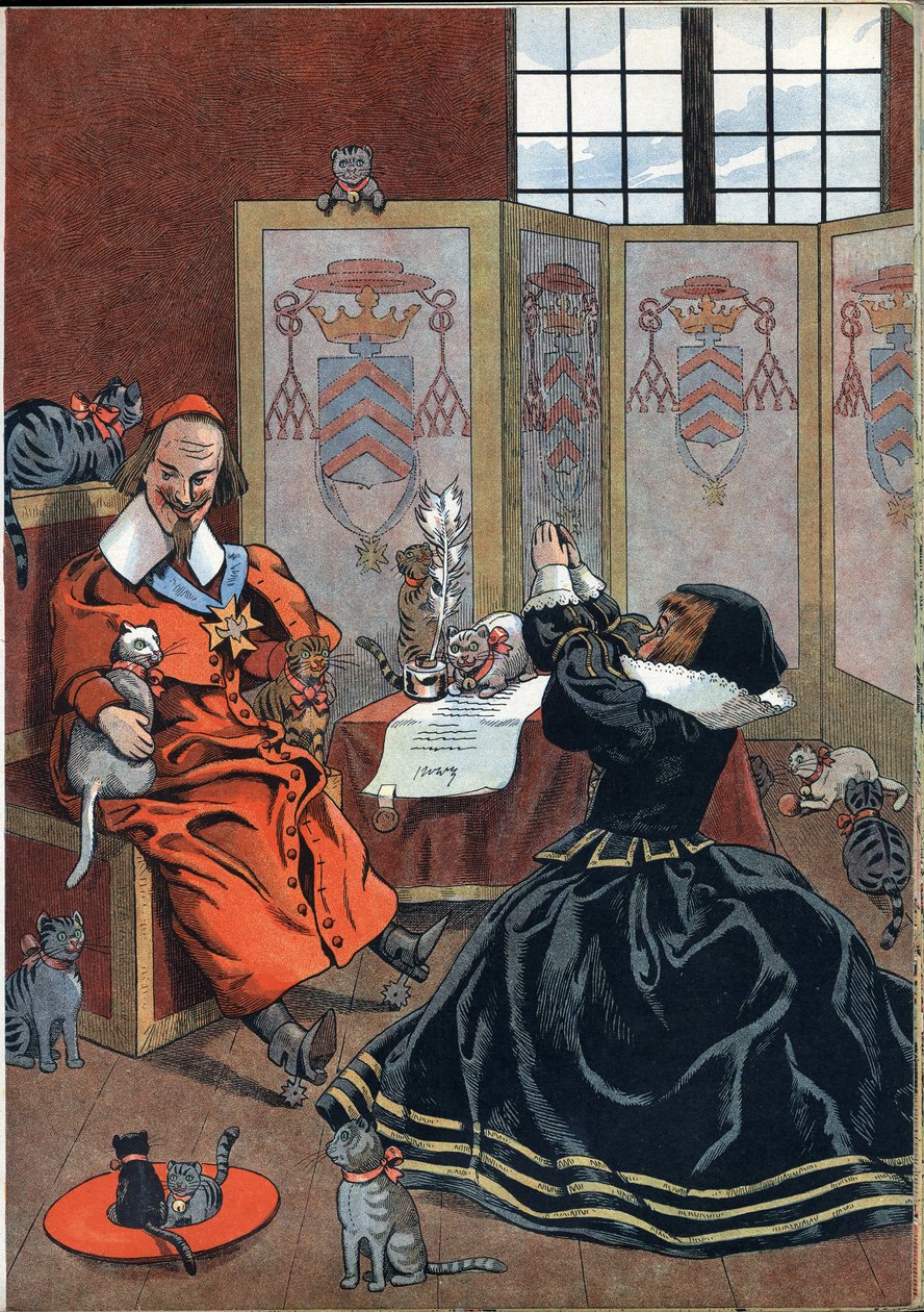 Scéna z dějin Francie v hračkách: žena prosící o odpuštění kardinála Richelieu (1585-1642) obklopená kočkami. V “” Joujoux a l