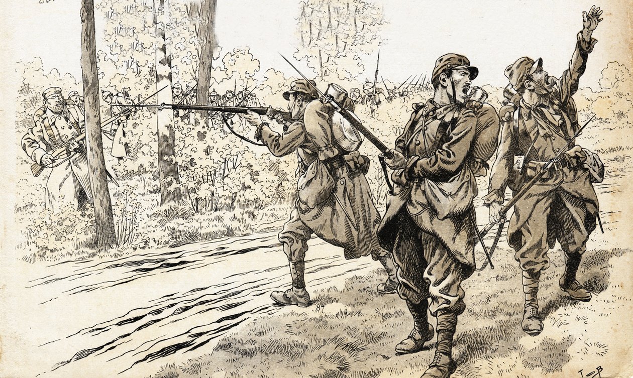 Zastřelte je! Francouzští vojáci z války v letech 1914-1918 vyslaní na hlídku, aby rozpoznali sílu a přesnou polohu nepřítele. Když našli německé jednotky, dali rozkaz ke střelbě, aniž by se museli obávat, že budou chyceni mezi požáry. Ilustrace Joba (J od pseudonym for Onfray de Breville Jacques Job