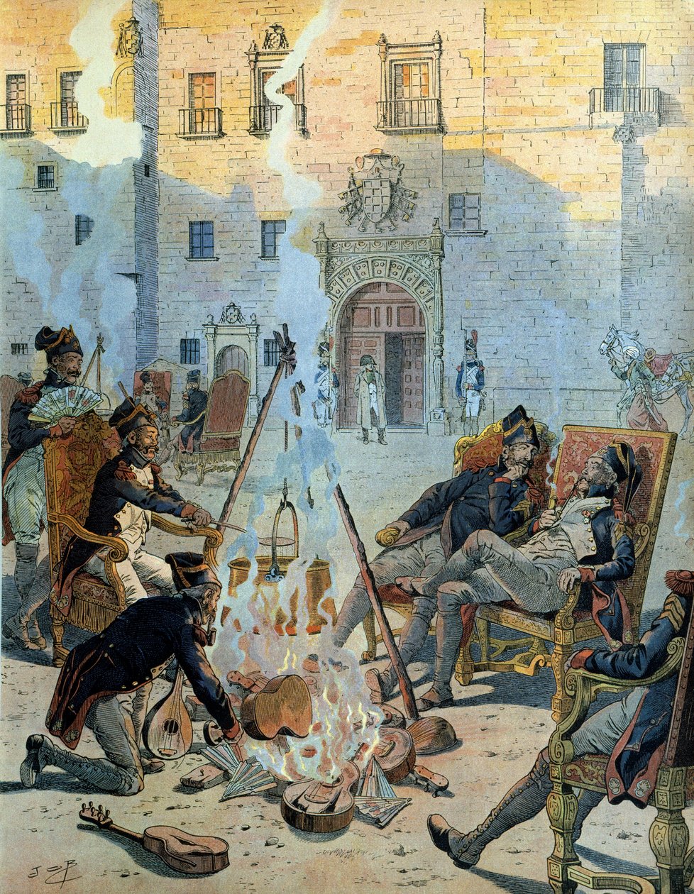 Španělská válka (1808-1813): Francouzská armáda Napoleona I. Bonaparta (1769-1821) ve Španělsku se dobře bavila. Ve filmu „Napoleon“ od Georgese Montorgueila. Ilustrace Jacques Marie Gaston Onfray de Breville dit JOB (1858-1931) od pseudonym for Onfray de Breville Jacques Job