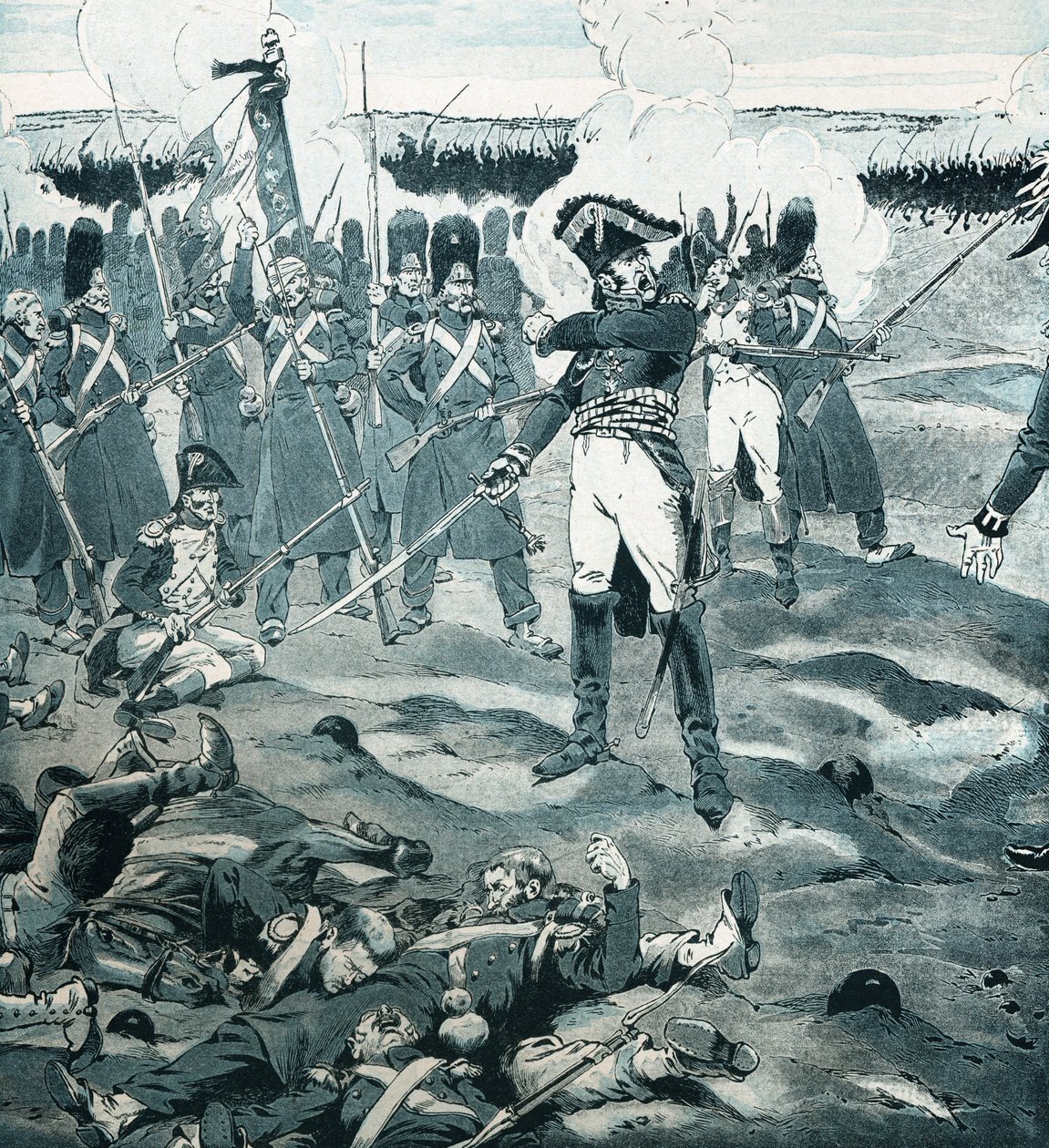 Stráž zemřela, ale nereagovala na generála Cambronna (1770-1842), který velel poslednímu náměstí Garde, zatímco nepřítel požádal francouzskou armádu, aby se vzdala bitvě u Waterloo dne 18. června 1815. Ilustrace Job (Jacques Marie Gaston Onfray a Brevi od pseudonym for Onfray de Breville Jacques Job