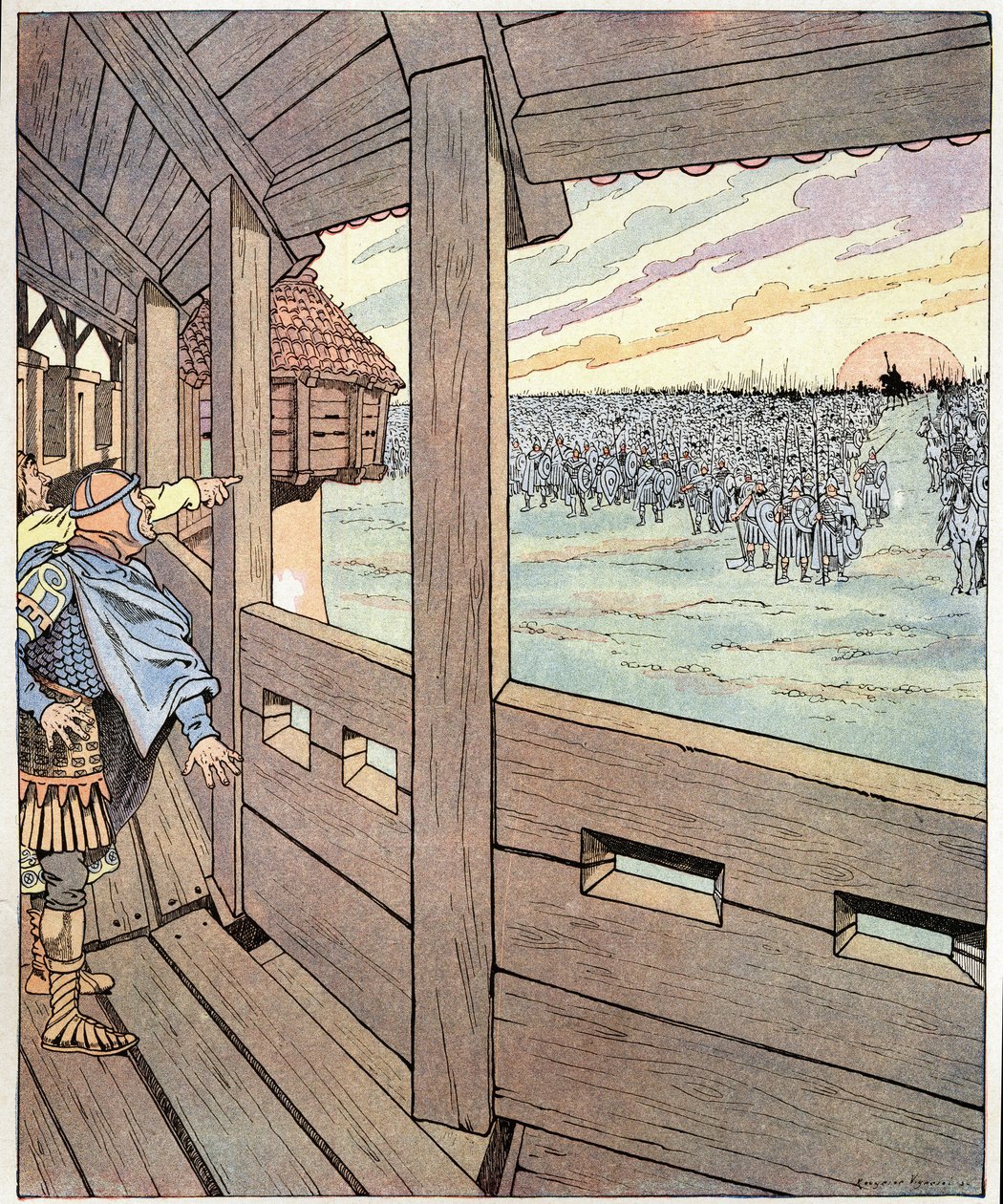 Železný muž, tohle je Karel Veliký. Oggerova slova králi Langobardů Didierovi, když v roce 774 sestřelil krále Karla Velikého nebo Karla I. Velikého (742-814) z vrcholu hradeb Pavie. Ilustrace Job (Jacques Marie Gaston Onfray a Breville od pseudonym for Onfray de Breville Jacques Job