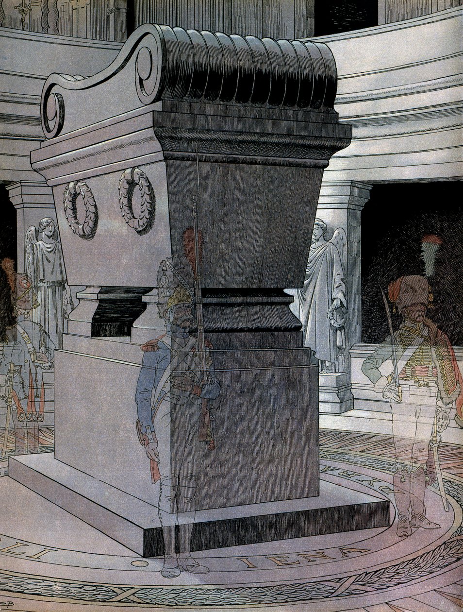 Hrobka císaře Napoleona I. Bonaparta (1769-1821) v Invalidovně se strážci duchů. Ve filmu „Napoleon“ od Georgese Montorgueila. Ilustrace Jacques Marie Gaston Onfray de Breville dit JOB (1858-1931) od pseudonym for Onfray de Breville Jacques Job