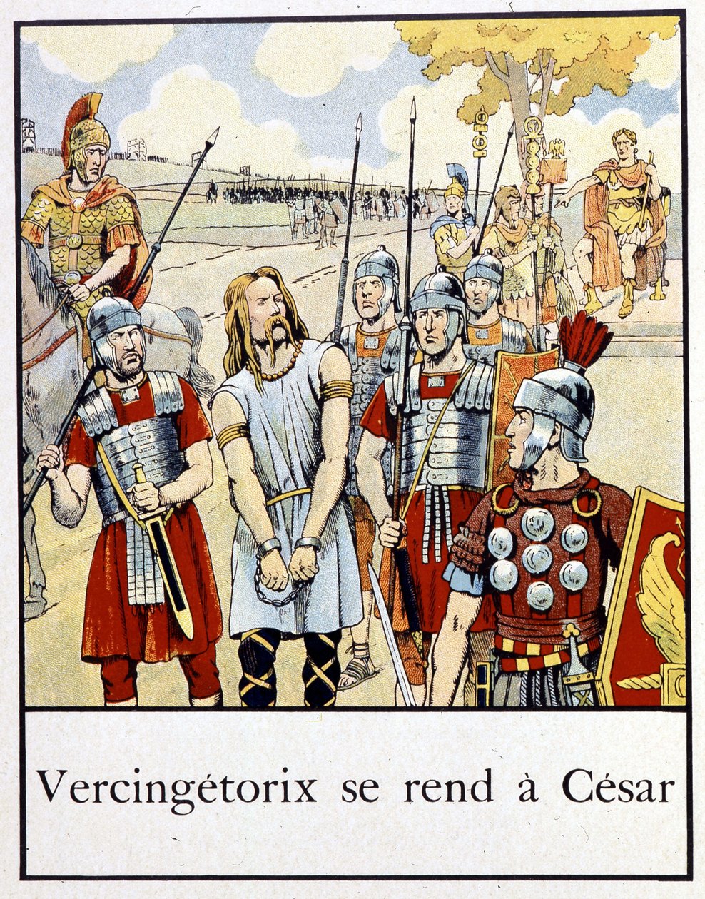 Vercingetorix se vzdává Caesarovi – v „Malé historii Francie““ od Jacquese Bainvilla, ed. Hříva od pseudonym for Onfray de Breville Jacques Job