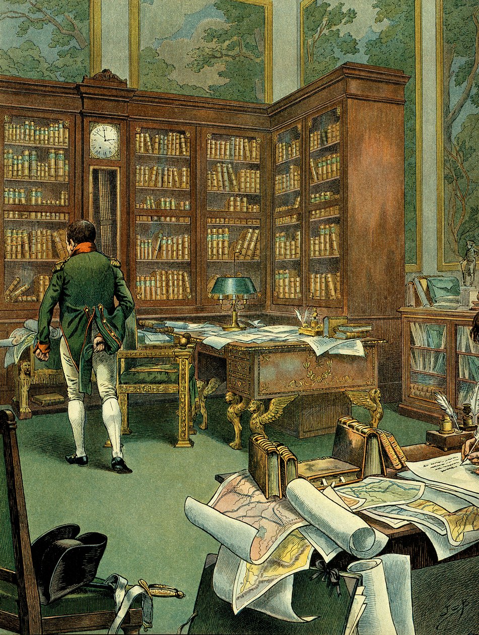 Pracovní kabinet Napoleona I. Bonaparte (1769-1821) v prvním patře Palais des Tuileries, když byl prvním konzulem. Dřevěný stůl s knihovnou a hodinami. Ilustrace Jacques Marie Gaston Onfray de Breville dit JOB (1858-1931). Private Co od pseudonym for Onfray de Breville Jacques Job