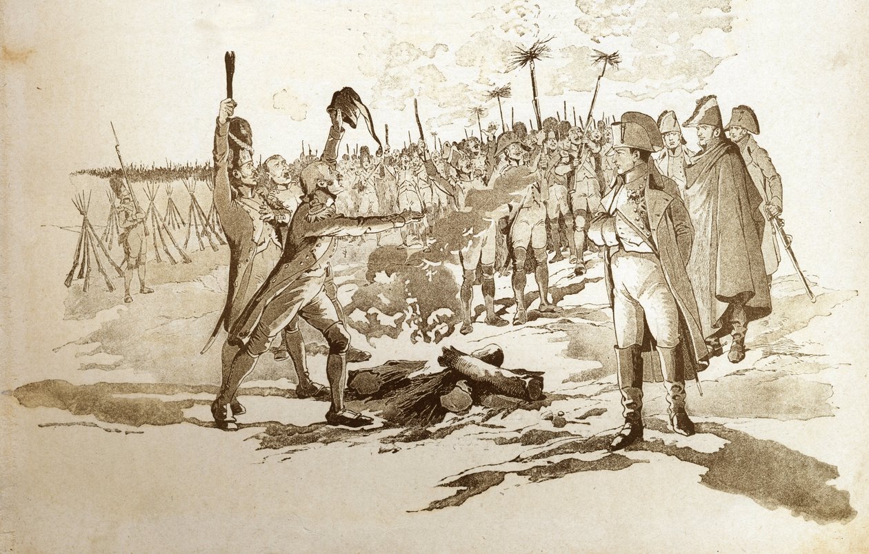 Nebudete se muset vystavovat, přivezeme vám vlajky a děla granátníka před bitvou u Slavkova, kdy bivaky navštívil Napoleon I. Bonaparte (1769-1821). Ilustrace Job (Jacques Marie Gaston Onfray a Breville) (Jacques- od pseudonym for Onfray de Breville Jacques Job