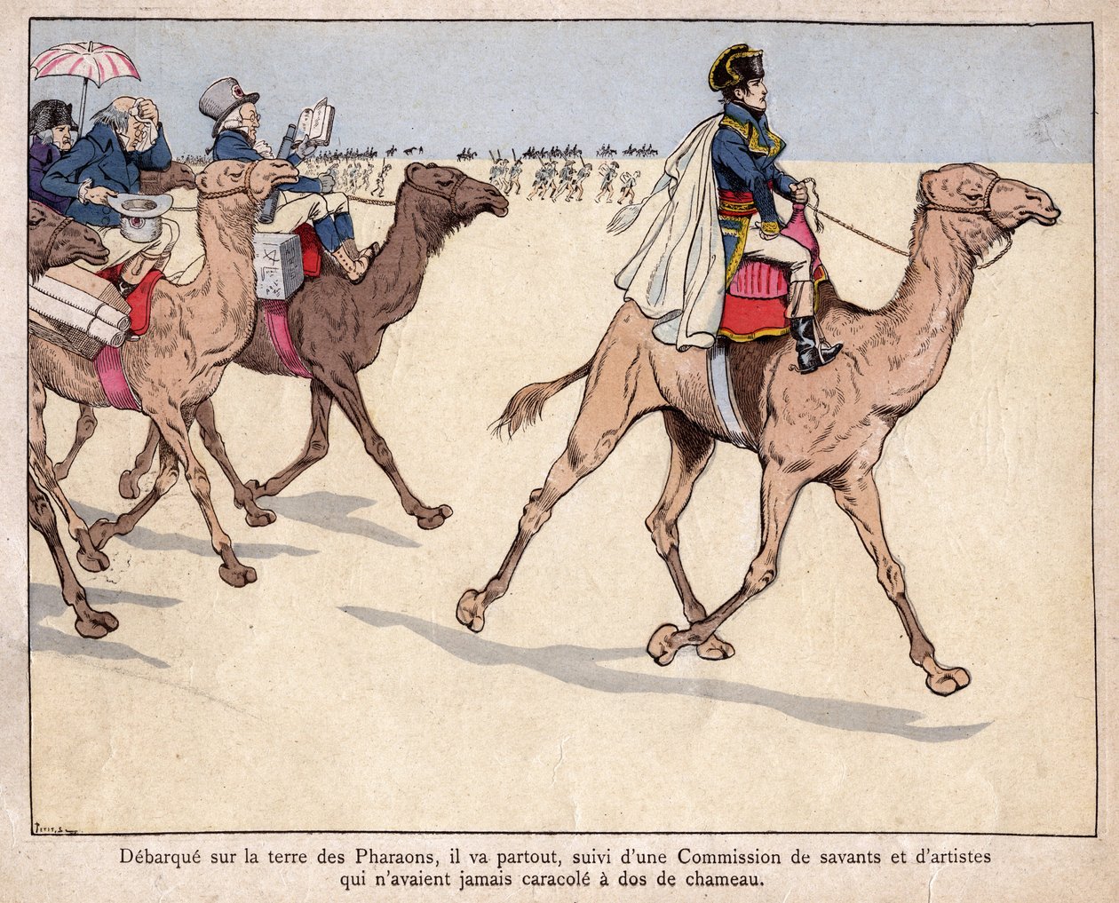 Napoleon debarque sur la terre des Pharaohs - NAPOLEON V EGYPTĚ - Během egyptského tažení ho doprovázejí savanci, se kterými navštěvuje archeologická naleziště - litografie Job od pseudonym for Onfray de Breville Job