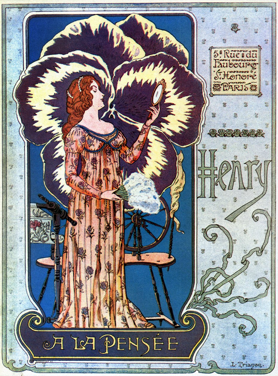 Art Nouveau: reklamní plakát pro obchod s kosmetikou „Henry a la Thought“ v Paříži. Mladá žena se obdivuje v zrcadle, za ní květ myšlenek. Ilustrace L. Trianona od pseudonym of Trinquier Louis Trinquier Trianon