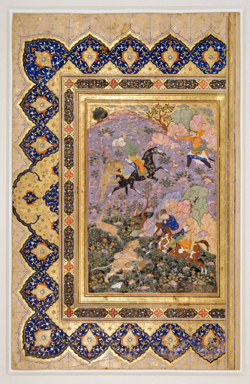Lov divokých zvířat, asi 1540 (tuš, kvaš a zlato) od School Iranian
