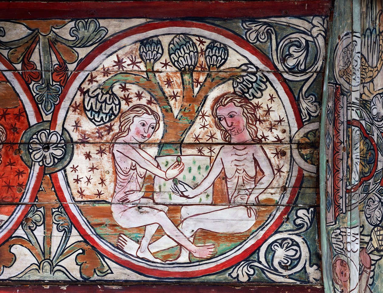 Adam a Eva v zahradě Eden, dekorace z Al Stavkirke, Norsko (freska) od school Scandinavian