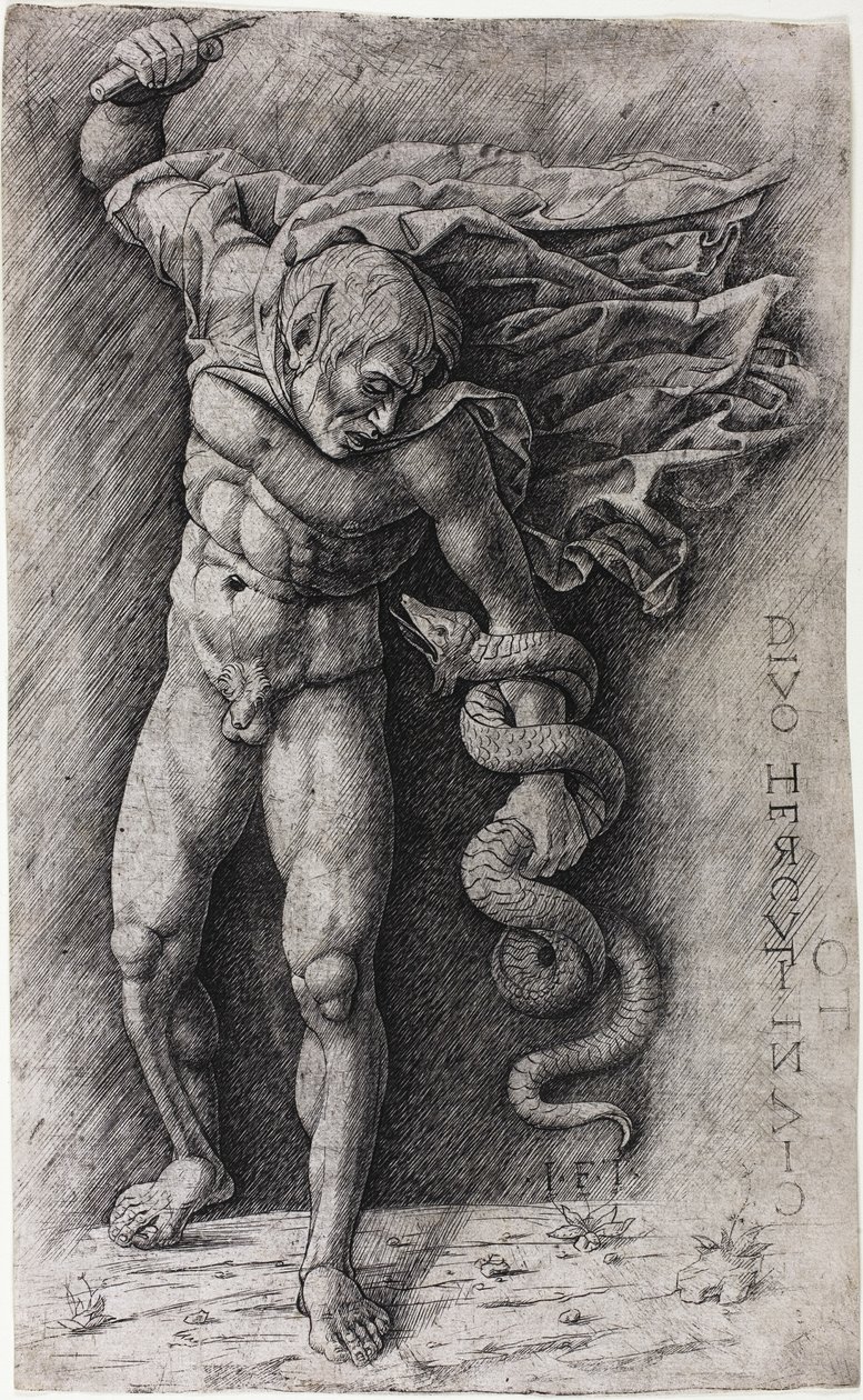 Faun útočí na hada od school of Andrea Mantegna