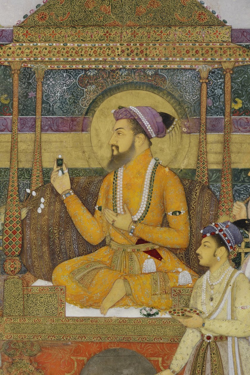 Detail z obrazu Císař Šáhdžahán na pavím trůnu, 1640 (neprůhledná čb a zlato na papíře) od son of Aqa Riza Abid