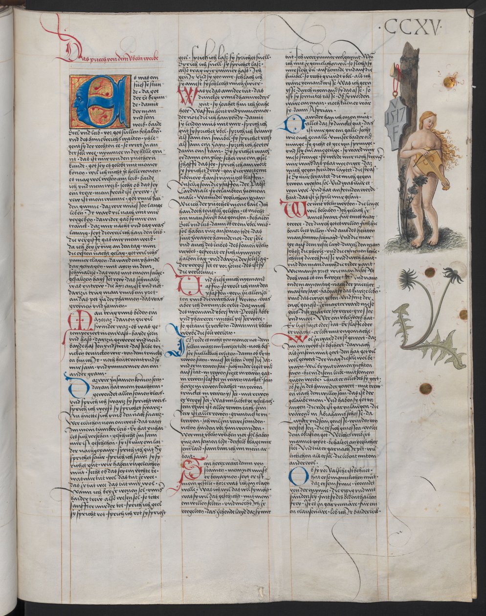 Ambraser Heldenbuch, folio 215r. Iniciály VF na štítu se považují za iniciály umělce od Österreichische Nationalbibliothek,
