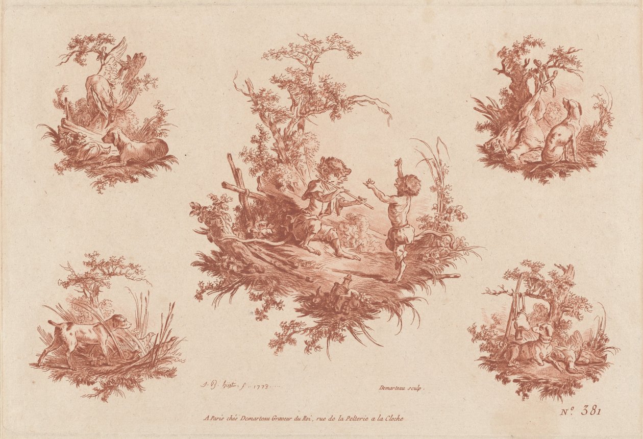 Singerie se čtyřmi vinětami z lovu psů od the Elder and Jean Baptiste Hüet Gilles Demarteau