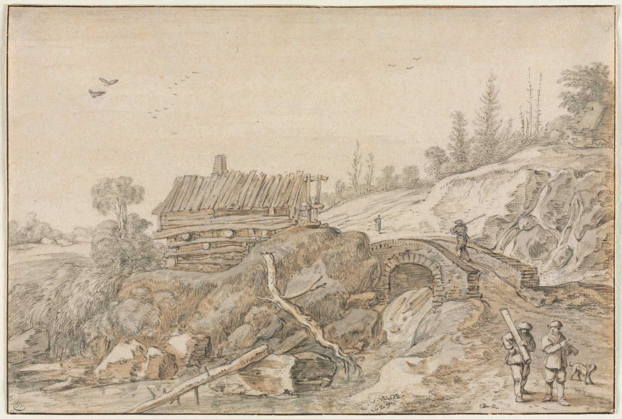 Kopcovitá krajina s chatou u potoka, 1627. od van de Velde Esaias