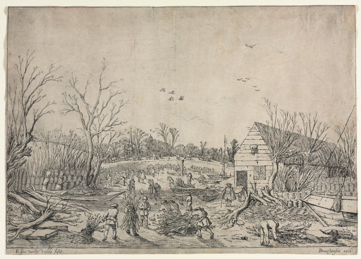 Velká povodeň 10. ledna 1624 aneb Oprava protržené hráze na řece Lek od Vianena, 1624. od van de Velde Esaias