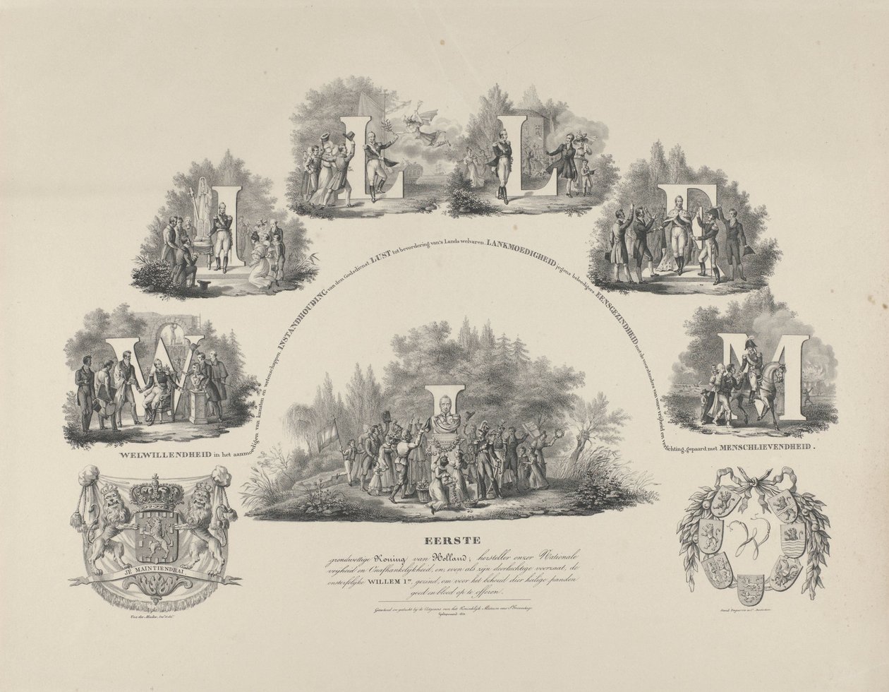 Alegorie o ctnostech krále Viléma I., 1831 William I. První konstituční král Holandska, Obnovitel naší národní svobody a nezávislosti (...) (titul na předmětu) od van der Meulen