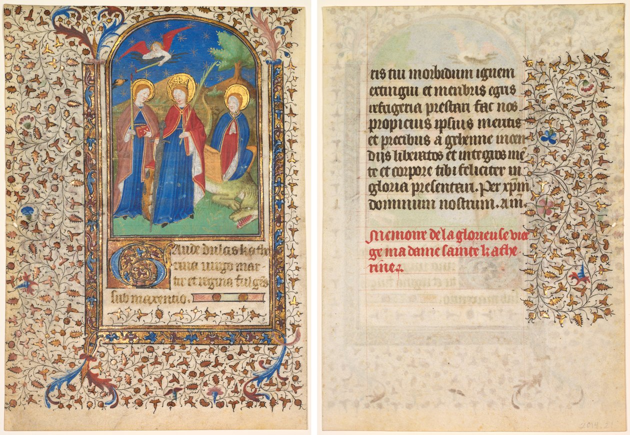 List z knihy hodin: sv. Geneviève, Kateřina Alexandrijská a Margaret (recto) a Text (verso) od workshop of Boucicaut Master