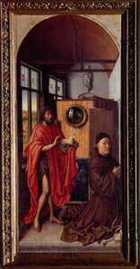 Svatý Jan Křtitel a františkánský bratr Henri de Werl Dřevěný obraz od Roberta Campina zvaný Mistr Flemalle (1375-1444) 1438 Slunce. 1,01x0,47 m Madrid, muzeum Prado