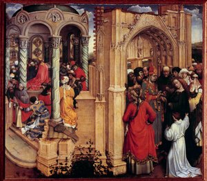 Sňatek panenského dřeva Malba Roberta Campina s názvem Mistr Flemalle (1375-1444) Slunce 15. století. 0,77x0,88 m Madrid, Muzeum Prado - Sňatek Panny Marie. Malba na dřevě od Roberta Campina známého jako Mistr Flemalle (1375-144