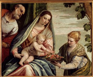 Svatá rodina s donátorem (Svatá Dorothee) Obraz Paola Veronese (1528-1588) 16. století Sun. 0,76x0,94 m Bordeaux, Musee des Beaux Arts - Svatá rodina s dárcem (Saint-Dorothea). Obraz Veronese (Paolo Caliari) (1528-1588) od Veronese