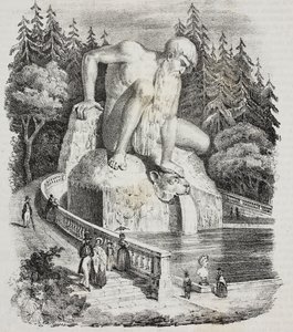 Kolos z Apenin (od Giambologna) v parku Villa Demidoff (Villa Medicea of ​​​​Pratolino), Vaglia, Toskánsko, Itálie, litografie Giovanni Mariani z Poliorama Pittoresco, n 10, 15. října