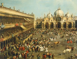 Býčí zápasy aneb lov býků na náměstí Piazza San Marco, Giovanni Antonio Canal (1697-1768) a Giovanni Battista Cimaroli (1687-po 1753), olej na plátně, 99x145 cm od Canaletto