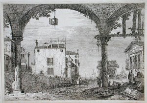 Pohled přes arkádu směrem k pobřežním budovám (lept) od Canaletto