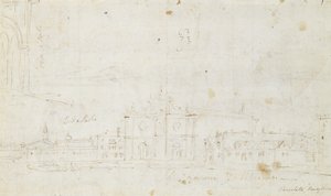 Murano: San Giovanni Dei Battuti, S Benátkami v dálce, kolem 1735-40 (kresba) od Canaletto