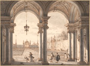 ""Pohled na barokní kolonádu s výhledem do zahrady"" (Pohled přes barokní kolonádu do zahrady) Perokresba Antonia Canal dit Canaletto (1697-1768) 1760-1768 Rozměr 33,1x45,4 cm Albertina, Vídeň od Canaletto