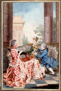 La belle Madame Caze, manželka generála farmáře a její děti Akvarel od Louise Carrogise (1717-1806) dit Carmontelle. Slunce 18. století. 0,32x0,21 m Chantilly, musee conde